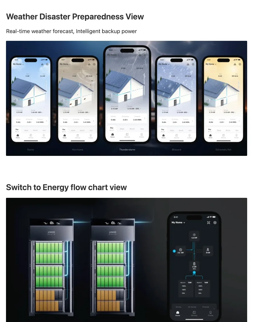 Notes on the weather preparedness view and the energy flow chart view
