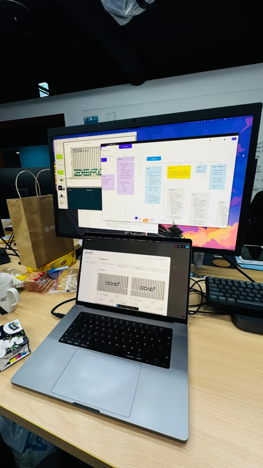 A big monitor showing the flow diagram above a laptop showing the Zone A screen with two containers