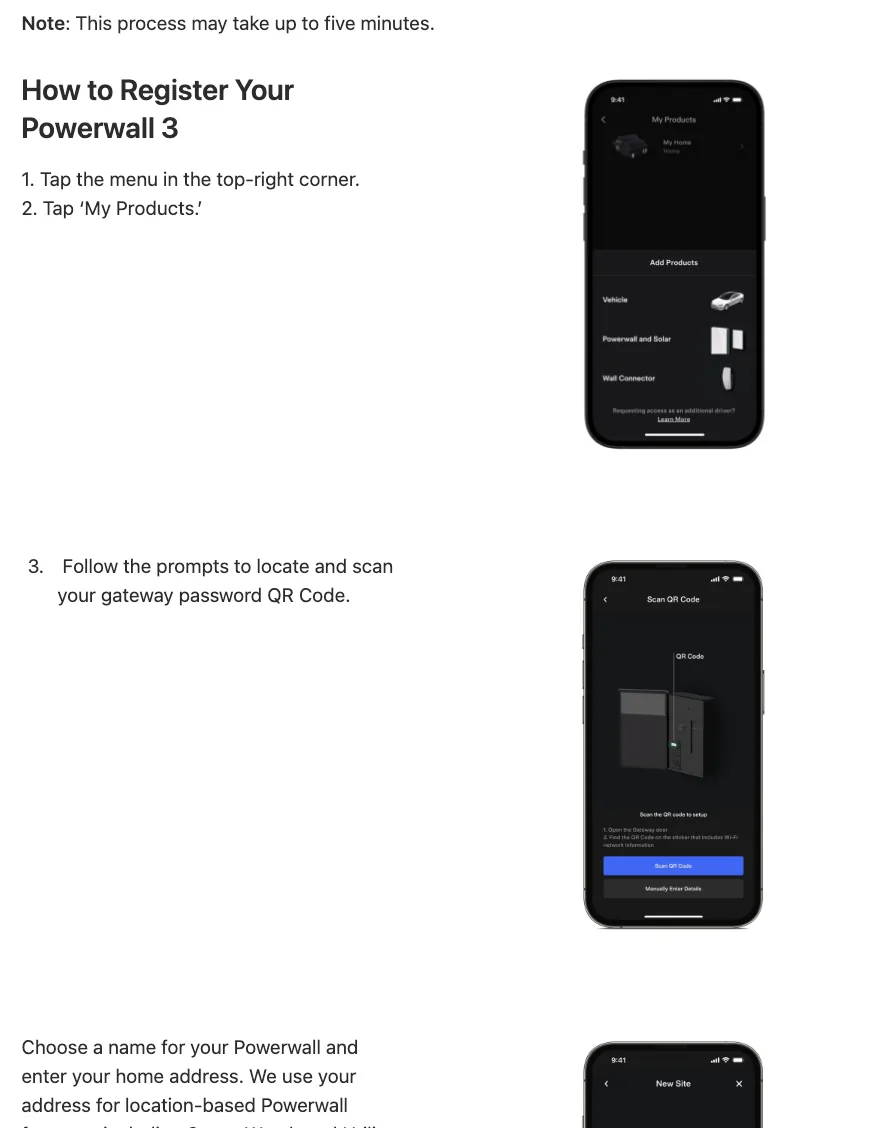 Notes on registering a Powerwall 3 in the app, step by step