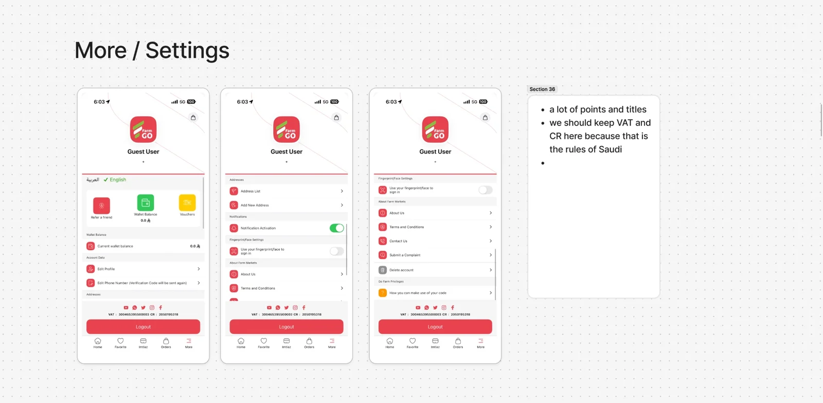 The old More / Settings, and the note on Saudi rules