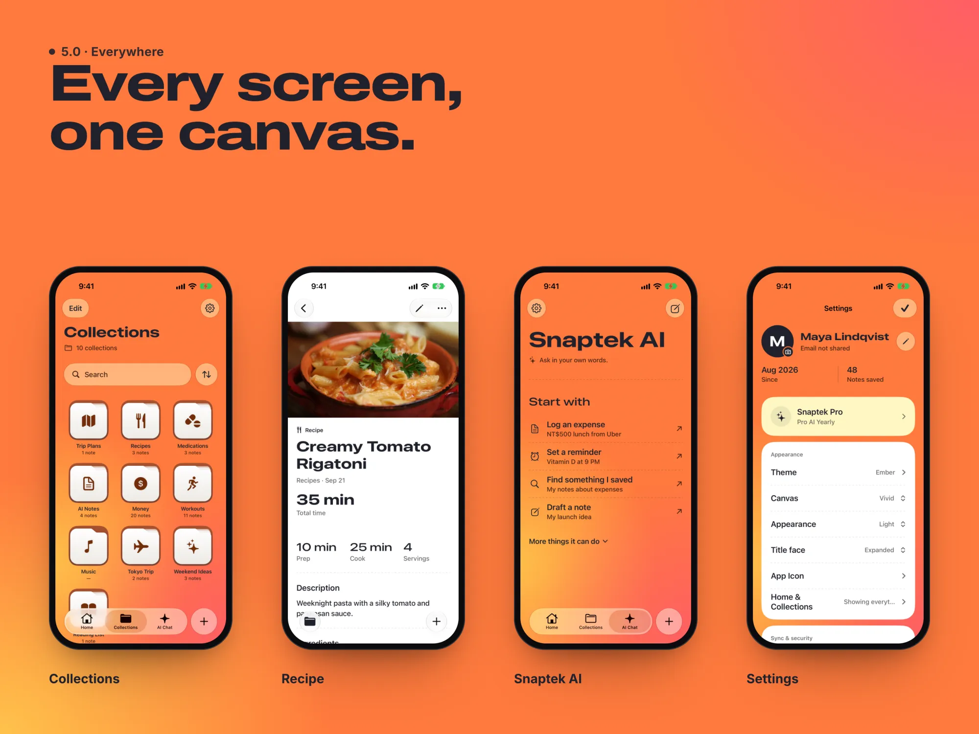 Collections, a recipe, Snaptek AI and Settings, all on the Ember canvas