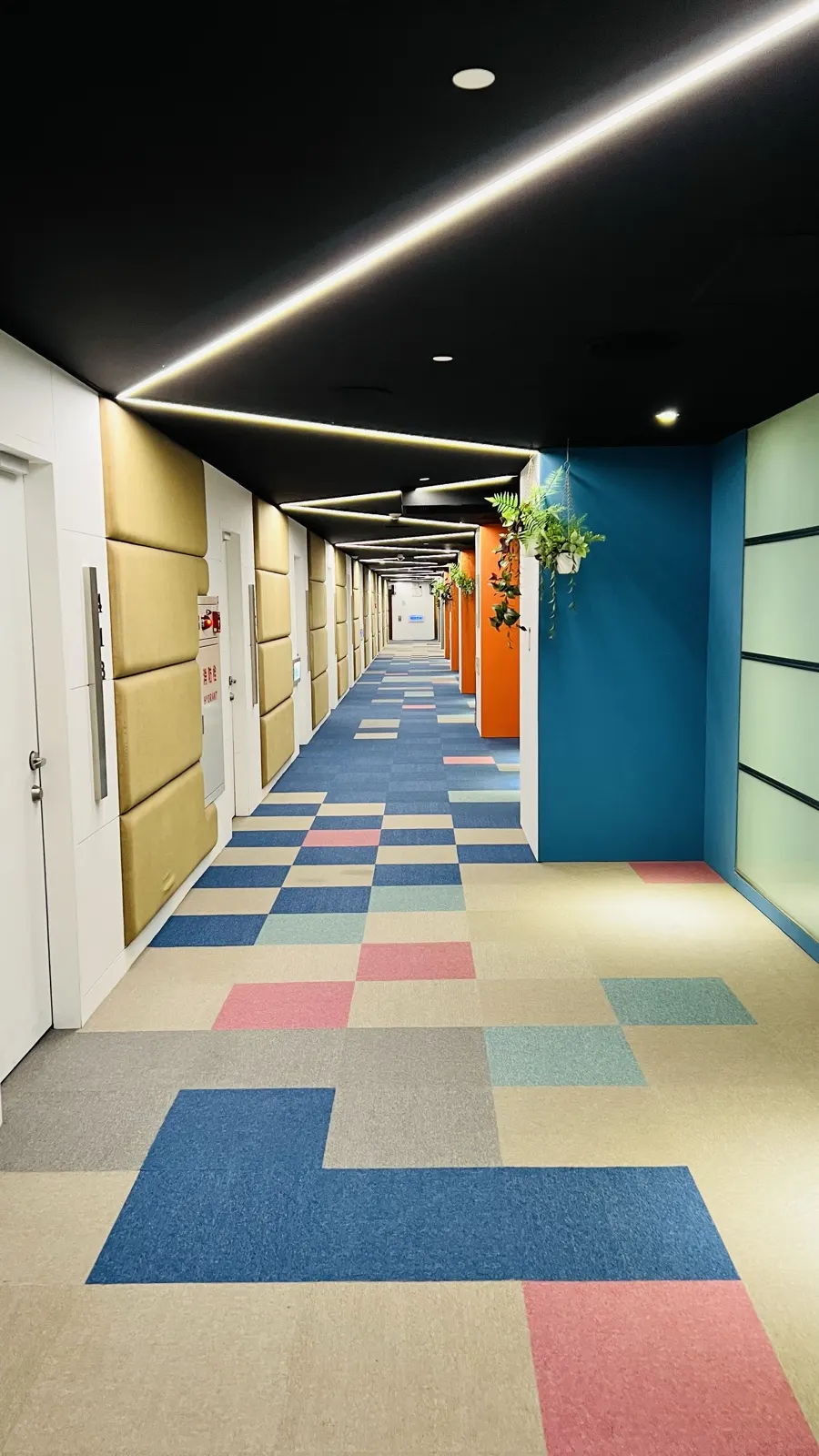 A colourful office corridor with patterned carpet, plants and wood panels