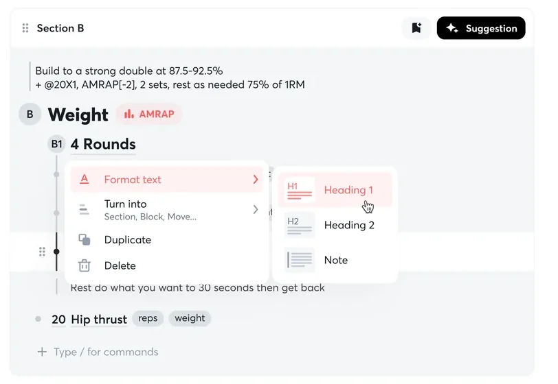 Format: Heading 1, Heading 2 or Note, from the same menu.